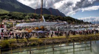 Alinghi 5, the giant catamaran multihull which will defend the 33rd Americas Cup sailing on Lake Geneva. (Editorial Only)