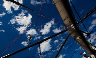 Alinghi 5, the giant catamaran multihull which will defend the 33rd Americas Cup sailing on Lake Geneva. (Editorial Only)