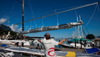 Alinghi 5, the giant catamaran multihull which will defend the 33rd Americas Cup sailing on Lake Geneva. (Editorial Only)