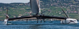 Alinghi 5, the giant catamaran multihull which will defend the 33rd Americas Cup sailing on Lake Geneva. (Editorial Only)