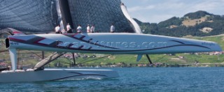 Alinghi 5, the giant catamaran multihull which will defend the 33rd Americas Cup sailing on Lake Geneva. (Editorial Only)