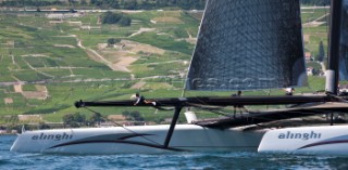 Alinghi 5, the giant catamaran multihull which will defend the 33rd Americas Cup sailing on Lake Geneva. (Editorial Only)