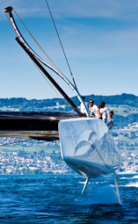 Alinghi 5, the giant catamaran multihull which will defend the 33rd Americas Cup sailing on Lake Geneva. (Editorial Only)