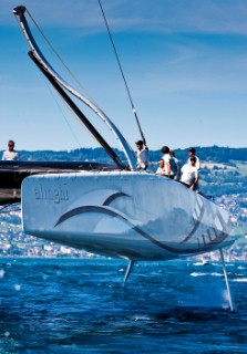 Alinghi 5, the giant catamaran multihull which will defend the 33rd Americas Cup sailing on Lake Geneva. (Editorial Only)