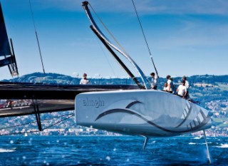 Alinghi 5, the giant catamaran multihull which will defend the 33rd Americas Cup sailing on Lake Geneva. (Editorial Only)