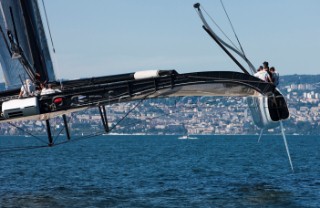 Alinghi 5, the giant catamaran multihull which will defend the 33rd Americas Cup sailing on Lake Geneva. (Editorial Only)