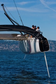 Alinghi 5, the giant catamaran multihull which will defend the 33rd Americas Cup sailing on Lake Geneva. (Editorial Only)