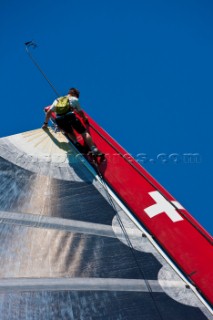 Alinghi 5, the giant catamaran multihull which will defend the 33rd Americas Cup sailing on Lake Geneva. (Editorial Only)