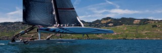 Alinghi 5, the giant catamaran multihull which will defend the 33rd Americas Cup sailing on Lake Geneva. (Editorial Only)