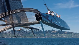 Alinghi 5, the giant catamaran multihull which will defend the 33rd Americas Cup sailing on Lake Geneva. (Editorial Only)