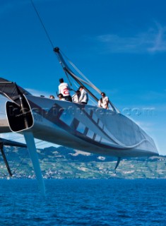 Alinghi 5, the giant catamaran multihull which will defend the 33rd Americas Cup sailing on Lake Geneva. (Editorial Only)