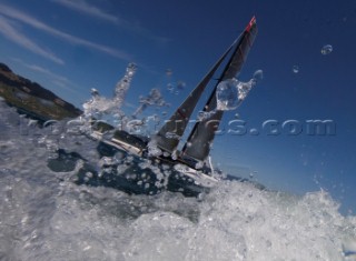 Alinghi 5, the giant catamaran multihull which will defend the 33rd Americas Cup sailing on Lake Geneva. (Editorial Only)