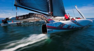 Alinghi 5, the giant catamaran multihull which will defend the 33rd Americas Cup sailing on Lake Geneva. (Editorial Only)