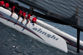 Alinghi 5, the giant catamaran multihull which will defend the 33rd Americas Cup sailing on Lake Geneva. (Editorial Only)