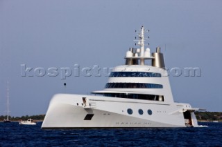 Superyacht called A, designed by Philippe Stark, anchored off Porto Cervo in Sardinia. Owner: Roman Abramovich