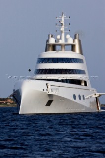 Superyacht called A, designed by Philippe Stark, anchored off Porto Cervo in Sardinia. Owner: Roman Abramovich