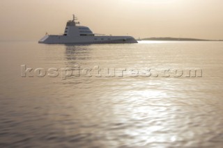 Superyacht called A, designed by Philippe Stark, anchored off Porto Cervo in Sardinia. Owner: Roman Abramovich