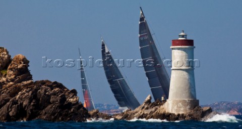 Maxi Yacht Rolex Cup 2009 Fleet at Capo Testa LighthouseWALLY 130 Sail n W  130 Nation MON Owner Luc