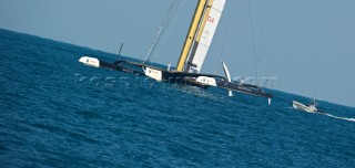 FEBRUARY 12TH 2010, VALENCIA, SPAIN: BMW Oracle team preparing the start of the 1st match of the 33rd Americas Cup in Valencia, Spain.