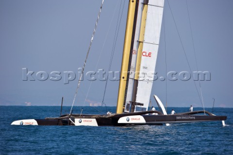 FEBRUARY 12TH 2010 VALENCIA SPAIN BMW Oracle team preparing the start of the 1st match of the 33rd A