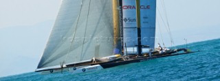 FEBRUARY 12TH 2010, VALENCIA, SPAIN: BMW Oracle team preparing the start of the 1st match of the 33rd Americas Cup in Valencia, Spain.