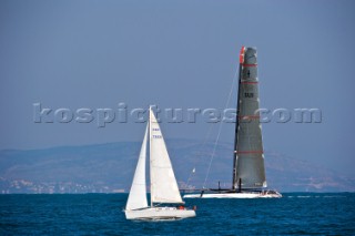 FEBRUARY 12TH 2010, VALENCIA, SPAIN: Alinghi 5 catamaran racing during the 1st match of the 33rd Americas Cup in Valencia, Spain.