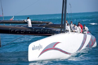 FEBRUARY 12TH 2010, VALENCIA, SPAIN: Alinghi 5 catamaran racing during the 1st match of the 33rd Americas Cup in Valencia, Spain.