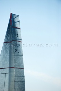 FEBRUARY 12TH 2010, VALENCIA, SPAIN: Alinghi 5 catamaran racing during the 1st match of the 33rd Americas Cup in Valencia, Spain.