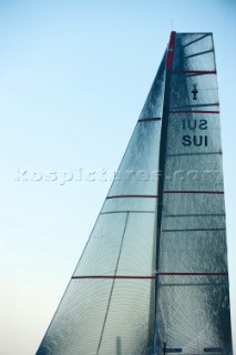 FEBRUARY 12TH 2010, VALENCIA, SPAIN: Alinghi 5 catamaran racing during the 1st match of the 33rd Americas Cup in Valencia, Spain.