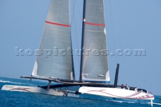 FEBRUARY 12TH 2010, VALENCIA, SPAIN: Alinghi 5 catamaran racing during the 1st match of the 33rd Americas Cup in Valencia, Spain.