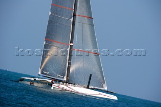 FEBRUARY 12TH 2010, VALENCIA, SPAIN: Alinghi 5 catamaran racing during the 1st match of the 33rd Americas Cup in Valencia, Spain.