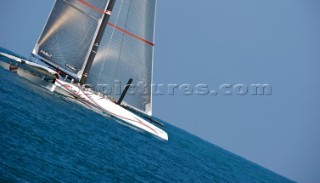 FEBRUARY 12TH 2010, VALENCIA, SPAIN: Alinghi 5 catamaran racing during the 1st match of the 33rd Americas Cup in Valencia, Spain.