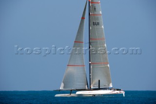 FEBRUARY 12TH 2010, VALENCIA, SPAIN: Alinghi 5 catamaran racing during the 1st match of the 33rd Americas Cup in Valencia, Spain.