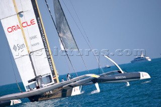 FEBRUARY 12TH 2010, VALENCIA, SPAIN: BMW Oracle team preparing the start of the 1st match of the 33rd Americas Cup in Valencia, Spain.