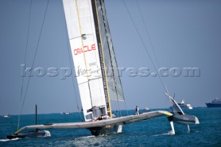 FEBRUARY 12TH 2010, VALENCIA, SPAIN: BMW Oracle team preparing the start of the 1st match of the 33rd Americas Cup in Valencia, Spain.