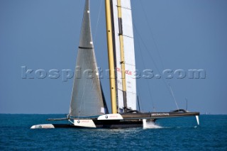 FEBRUARY 12TH 2010, VALENCIA, SPAIN: BMW Oracle team preparing the start of the 1st match of the 33rd Americas Cup in Valencia, Spain.