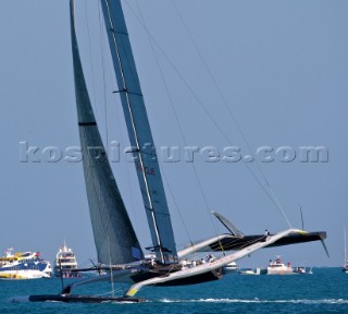 FEBRUARY 12TH 2010, VALENCIA, SPAIN: BMW Oracle team preparing the start of the 1st match of the 33rd Americas Cup in Valencia, Spain.