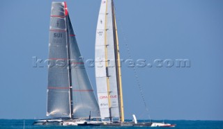 FEBRUARY 12TH 2010, VALENCIA, SPAIN: Alinghi and BMW Oracle waiting the start signal for the 1st match of the 33rd Americas Cup in Valencia, Spain.