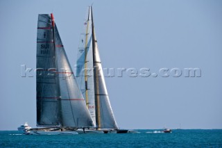 FEBRUARY 12TH 2010, VALENCIA, SPAIN: Alinghi and BMW Oracle waiting the start signal for the 1st match of the 33rd Americas Cup in Valencia, Spain.