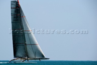 FEBRUARY 12TH 2010, VALENCIA, SPAIN: Alinghi 5 catamaran racing during the 1st match of the 33rd Americas Cup in Valencia, Spain.