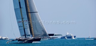 FEBRUARY 12TH 2010, VALENCIA, SPAIN: 1st match in Valencia during the 33rd Americas Cup.  FEBRUARY 12TH 2010, VALENCIA, SPAIN: BMW Oracle team preparing the start of the 1st match of the 33rd Americas Cup in Valencia, Spain.