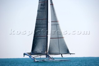 FEBRUARY 12TH 2010, VALENCIA, SPAIN: Alinghi 5 catamaran racing during the 1st match of the 33rd Americas Cup in Valencia, Spain.