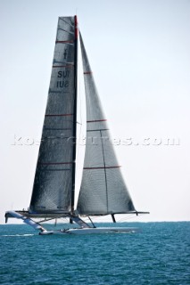 FEBRUARY 12TH 2010, VALENCIA, SPAIN: Alinghi 5 catamaran racing during the 1st match of the 33rd Americas Cup in Valencia, Spain.