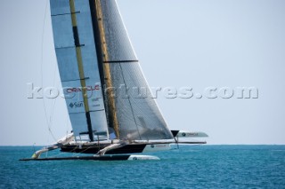 FEBRUARY 12TH 2010, VALENCIA, SPAIN: BMW Oracle team preparing the start of the 1st match of the 33rd Americas Cup in Valencia, Spain.