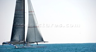 FEBRUARY 12TH 2010, VALENCIA, SPAIN: Alinghi 5 catamaran racing during the 1st match of the 33rd Americas Cup in Valencia, Spain.