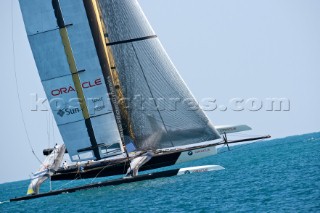 FEBRUARY 12TH 2010, VALENCIA, SPAIN: BMW Oracle team preparing the start of the 1st match of the 33rd Americas Cup in Valencia, Spain.