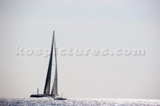 FEBRUARY 12TH 2010, VALENCIA, SPAIN: Alinghi 5 catamaran racing during the 1st match of the 33rd Americas Cup in Valencia, Spain.