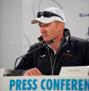 FEBRUARY 12TH 2010, VALENCIA, SPAIN: BMW Oracle press conference at la Darsena base in Valencia with James Spithill after the 1st race of the 33rd Americas Cup.