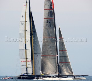 FEBRUARY 14TH 2010, VALENCIA, SPAIN: BMW Oracle & Alinghi, race 2 of the 33rd Americas Cup in Valencia, Spain