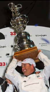 Valencia, 2/14/10. Alinghi5 33rd Americas Cup. Day 7 - Race 2. GGYC wins the 33rd Americas Cup Match. James Spithill, Russell Coutts. Guido Trombetta / Alinghi/SEASEE.COM